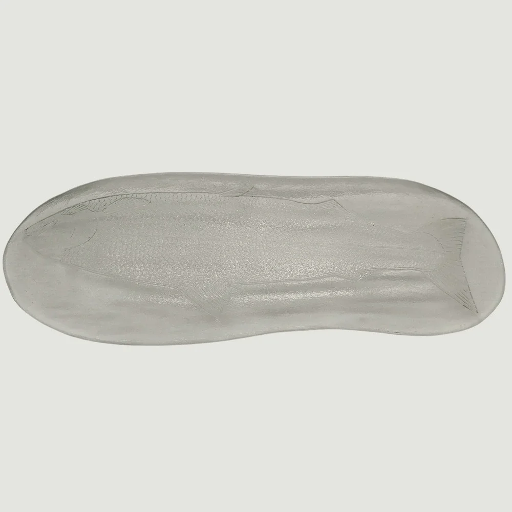 MCM Embossed Salmon Fish Art Glass Serving Platter Tray Large 20